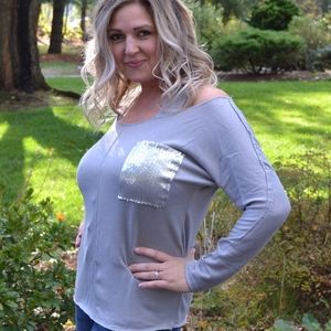 Glitter Pocket Open Neckline Top